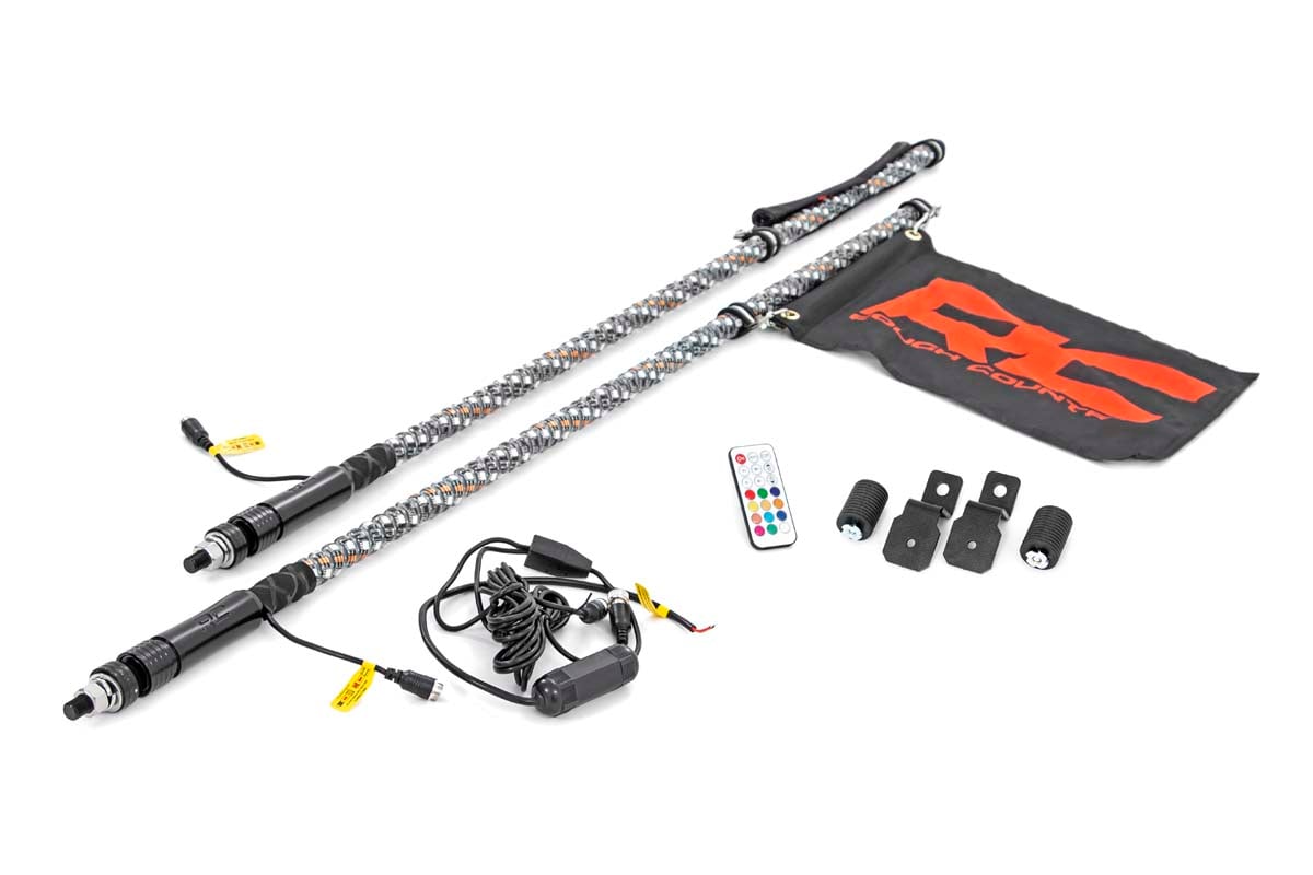 Polaris Ranger 900 XP Deluxe LED Whip Mount Kit - Bed - Rough Country - 4' LED Whip Light Pair with 300 Patterns - Multl-Color - 2014